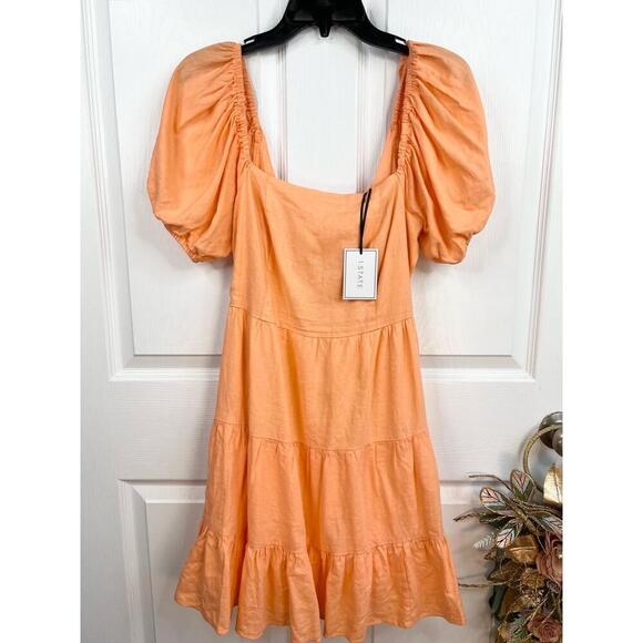1STATE Orange Puff Sleeves Linen Blend Tiered Skirt Open Tie Back Dress Sz S - Picture 3 of 13